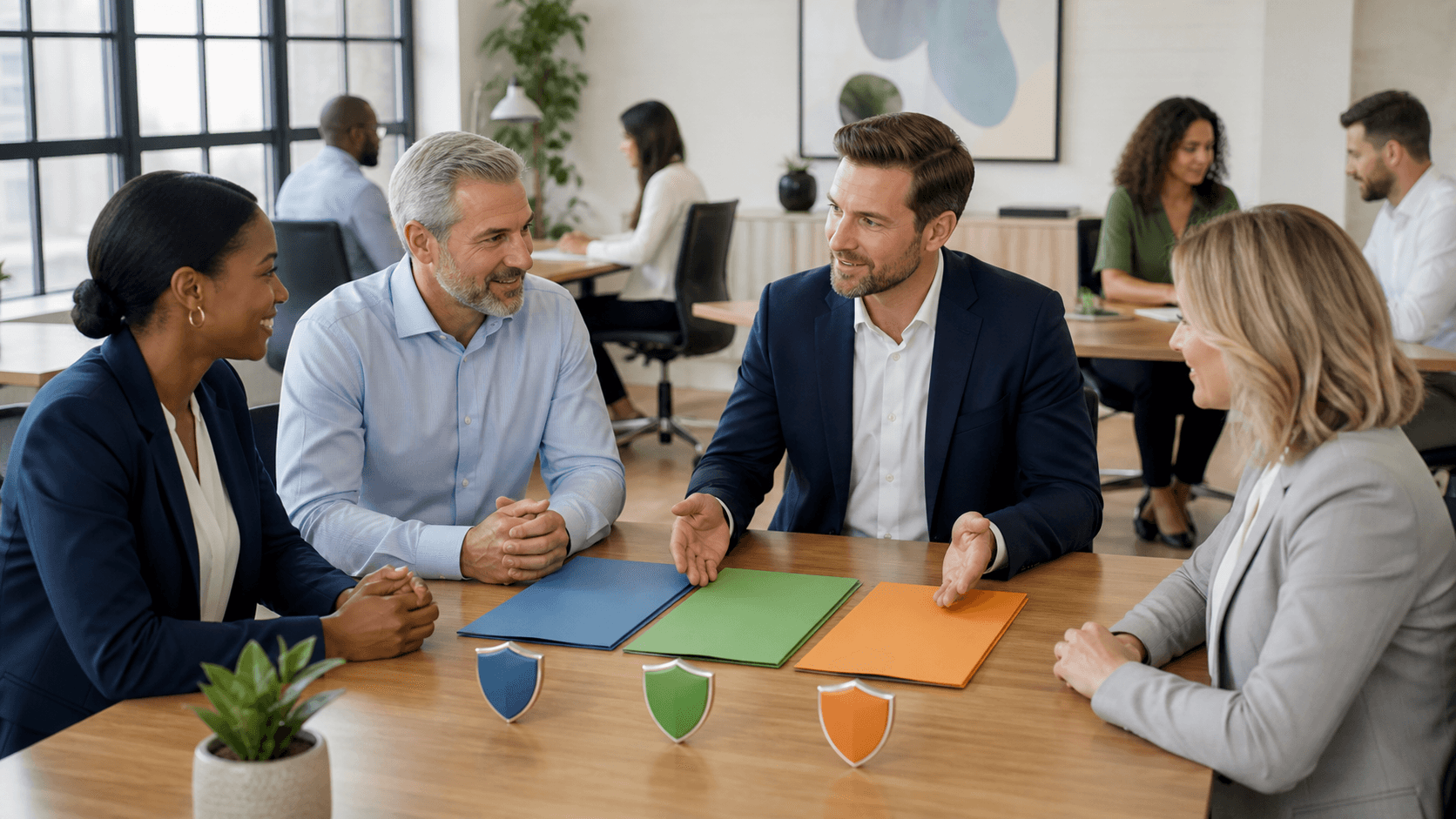 Business owner reviews insurance documents beside a laptop, with employees blurred in a bright modern office.